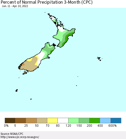 New Zealand Percent of Normal Precipitation 3-Month (CPC) Thematic Map For 1/11/2022 - 4/10/2022