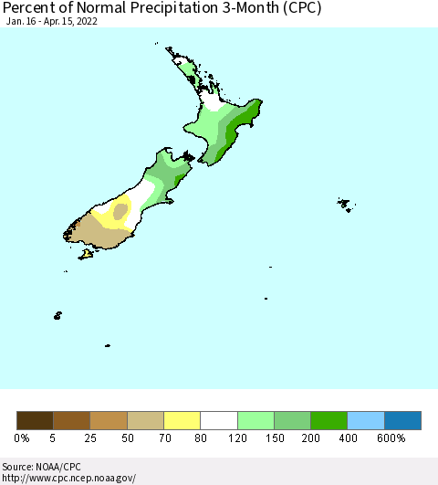 New Zealand Percent of Normal Precipitation 3-Month (CPC) Thematic Map For 1/16/2022 - 4/15/2022