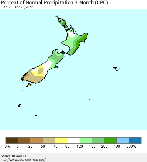 New Zealand Percent of Normal Precipitation 3-Month (CPC) Thematic Map For 1/21/2022 - 4/20/2022