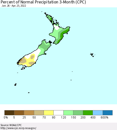 New Zealand Percent of Normal Precipitation 3-Month (CPC) Thematic Map For 1/26/2022 - 4/25/2022