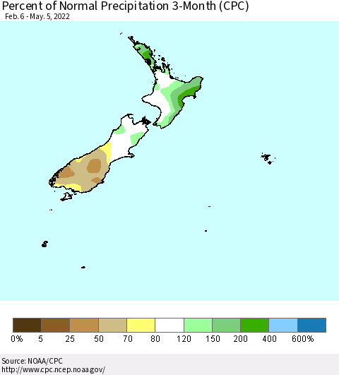 New Zealand Percent of Normal Precipitation 3-Month (CPC) Thematic Map For 2/6/2022 - 5/5/2022