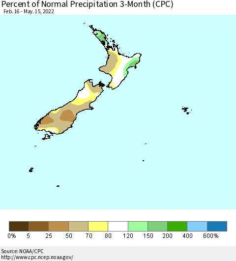 New Zealand Percent of Normal Precipitation 3-Month (CPC) Thematic Map For 2/16/2022 - 5/15/2022