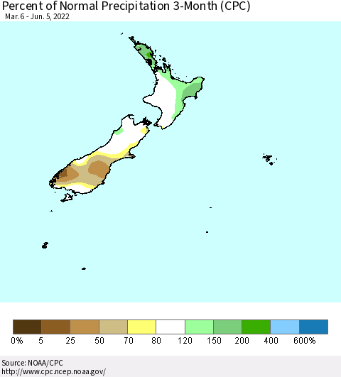 New Zealand Percent of Normal Precipitation 3-Month (CPC) Thematic Map For 3/6/2022 - 6/5/2022