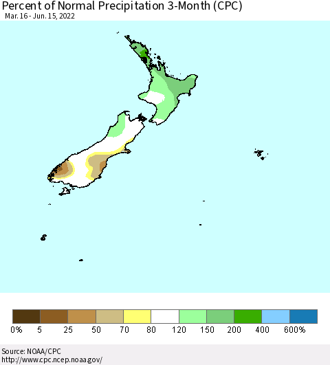 New Zealand Percent of Normal Precipitation 3-Month (CPC) Thematic Map For 3/16/2022 - 6/15/2022
