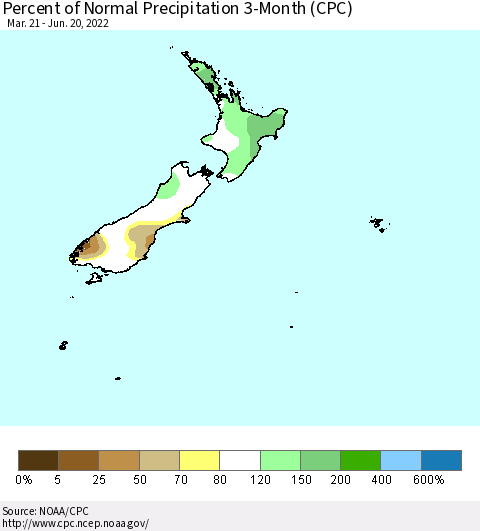 New Zealand Percent of Normal Precipitation 3-Month (CPC) Thematic Map For 3/21/2022 - 6/20/2022