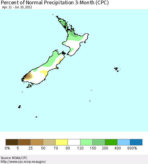 New Zealand Percent of Normal Precipitation 3-Month (CPC) Thematic Map For 4/11/2022 - 7/10/2022