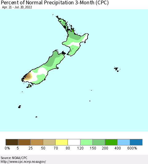New Zealand Percent of Normal Precipitation 3-Month (CPC) Thematic Map For 4/21/2022 - 7/20/2022