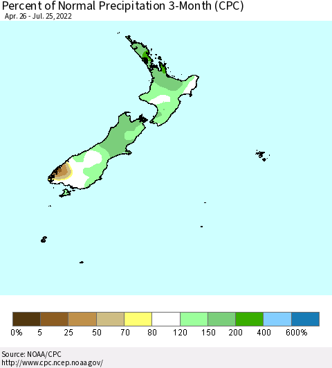 New Zealand Percent of Normal Precipitation 3-Month (CPC) Thematic Map For 4/26/2022 - 7/25/2022