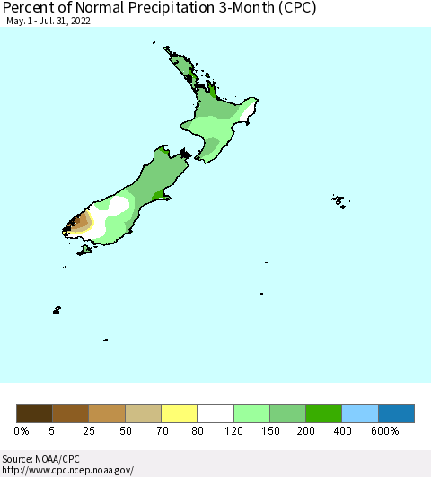 New Zealand Percent of Normal Precipitation 3-Month (CPC) Thematic Map For 5/1/2022 - 7/31/2022
