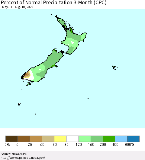 New Zealand Percent of Normal Precipitation 3-Month (CPC) Thematic Map For 5/11/2022 - 8/10/2022
