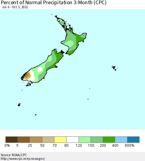 New Zealand Percent of Normal Precipitation 3-Month (CPC) Thematic Map For 7/6/2022 - 10/5/2022