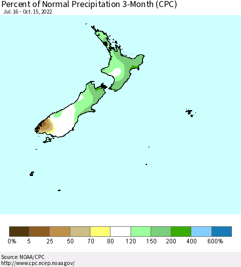 New Zealand Percent of Normal Precipitation 3-Month (CPC) Thematic Map For 7/16/2022 - 10/15/2022