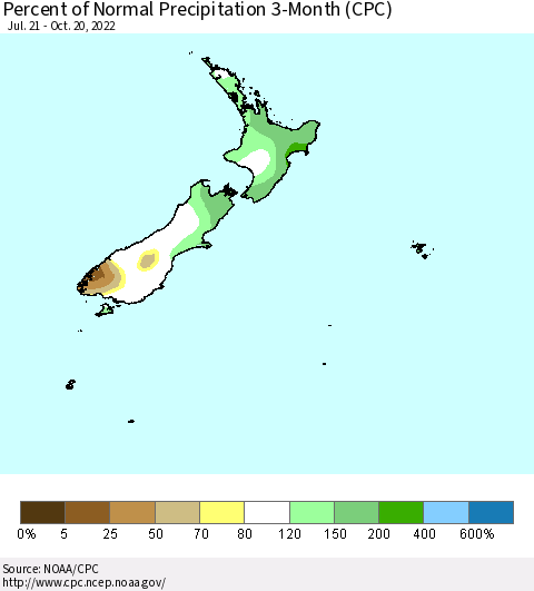 New Zealand Percent of Normal Precipitation 3-Month (CPC) Thematic Map For 7/21/2022 - 10/20/2022