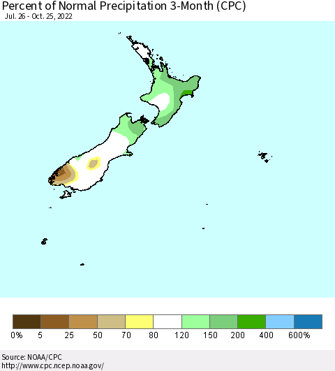New Zealand Percent of Normal Precipitation 3-Month (CPC) Thematic Map For 7/26/2022 - 10/25/2022