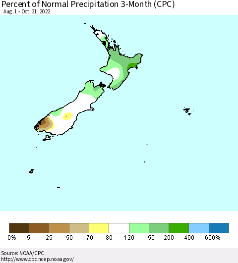 New Zealand Percent of Normal Precipitation 3-Month (CPC) Thematic Map For 8/1/2022 - 10/31/2022