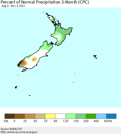 New Zealand Percent of Normal Precipitation 3-Month (CPC) Thematic Map For 8/6/2022 - 11/5/2022