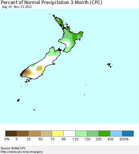 New Zealand Percent of Normal Precipitation 3-Month (CPC) Thematic Map For 8/16/2022 - 11/15/2022