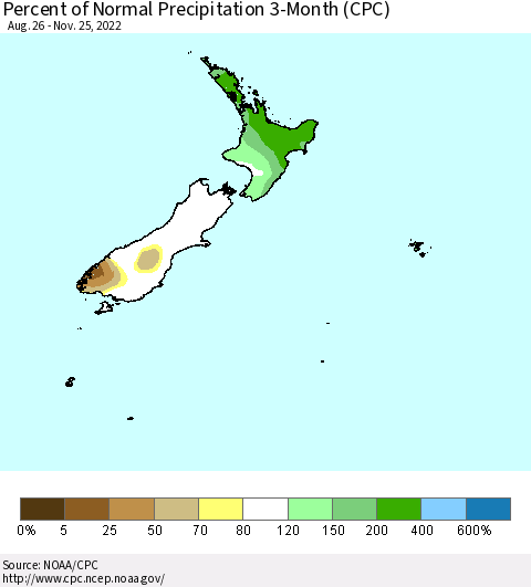 New Zealand Percent of Normal Precipitation 3-Month (CPC) Thematic Map For 8/26/2022 - 11/25/2022