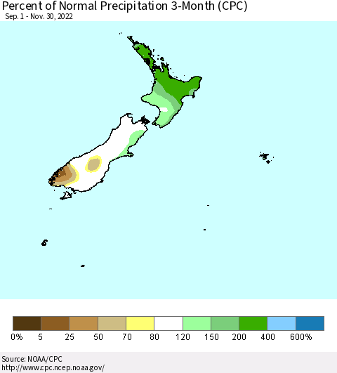 New Zealand Percent of Normal Precipitation 3-Month (CPC) Thematic Map For 9/1/2022 - 11/30/2022