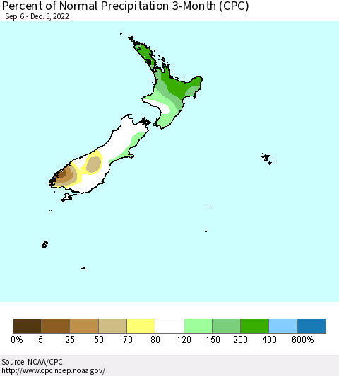New Zealand Percent of Normal Precipitation 3-Month (CPC) Thematic Map For 9/6/2022 - 12/5/2022