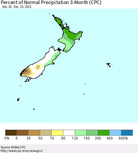 New Zealand Percent of Normal Precipitation 3-Month (CPC) Thematic Map For 9/26/2022 - 12/25/2022