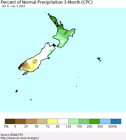 New Zealand Percent of Normal Precipitation 3-Month (CPC) Thematic Map For 10/6/2022 - 1/5/2023