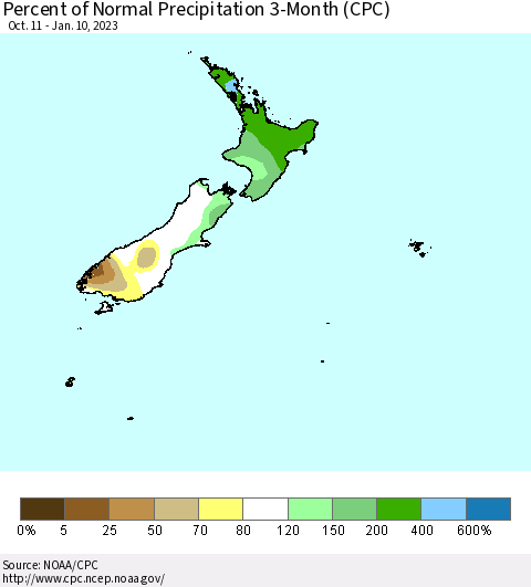 New Zealand Percent of Normal Precipitation 3-Month (CPC) Thematic Map For 10/11/2022 - 1/10/2023