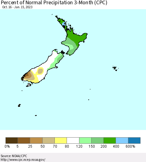 New Zealand Percent of Normal Precipitation 3-Month (CPC) Thematic Map For 10/16/2022 - 1/15/2023
