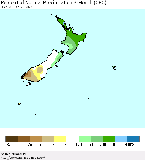 New Zealand Percent of Normal Precipitation 3-Month (CPC) Thematic Map For 10/26/2022 - 1/25/2023