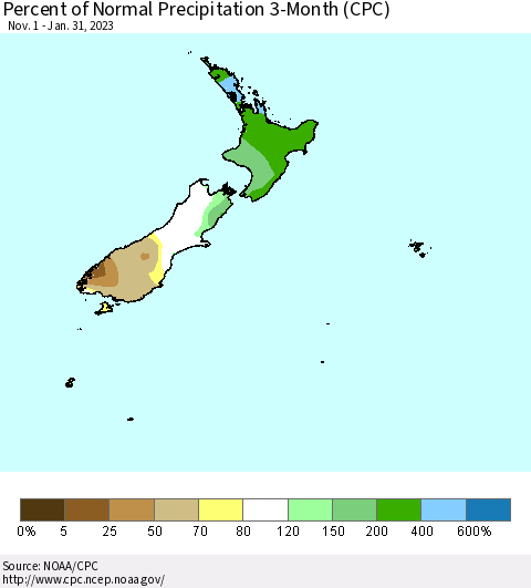 New Zealand Percent of Normal Precipitation 3-Month (CPC) Thematic Map For 11/1/2022 - 1/31/2023
