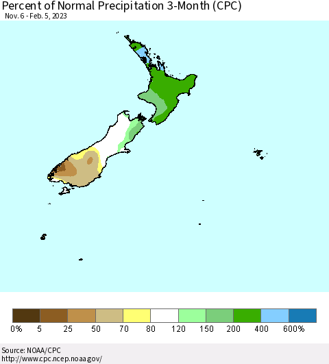 New Zealand Percent of Normal Precipitation 3-Month (CPC) Thematic Map For 11/6/2022 - 2/5/2023