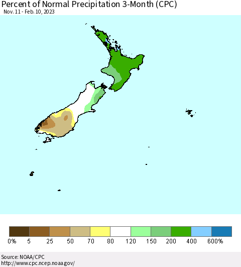 New Zealand Percent of Normal Precipitation 3-Month (CPC) Thematic Map For 11/11/2022 - 2/10/2023