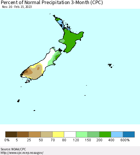 New Zealand Percent of Normal Precipitation 3-Month (CPC) Thematic Map For 11/16/2022 - 2/15/2023