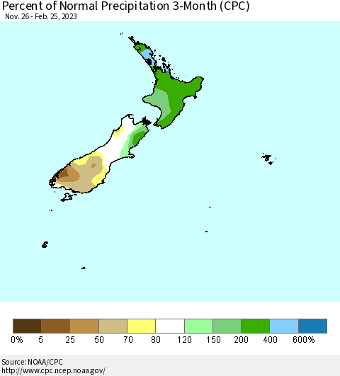 New Zealand Percent of Normal Precipitation 3-Month (CPC) Thematic Map For 11/26/2022 - 2/25/2023