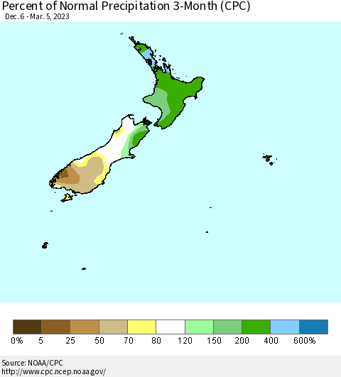 New Zealand Percent of Normal Precipitation 3-Month (CPC) Thematic Map For 12/6/2022 - 3/5/2023