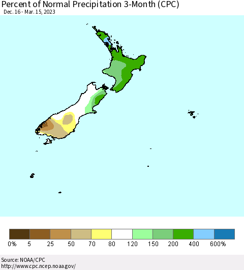 New Zealand Percent of Normal Precipitation 3-Month (CPC) Thematic Map For 12/16/2022 - 3/15/2023