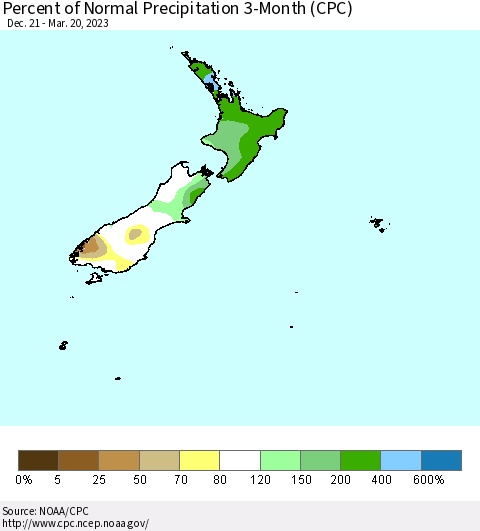 New Zealand Percent of Normal Precipitation 3-Month (CPC) Thematic Map For 12/21/2022 - 3/20/2023