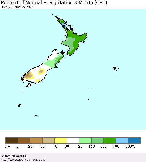 New Zealand Percent of Normal Precipitation 3-Month (CPC) Thematic Map For 12/26/2022 - 3/25/2023