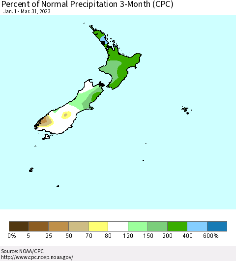 New Zealand Percent of Normal Precipitation 3-Month (CPC) Thematic Map For 1/1/2023 - 3/31/2023