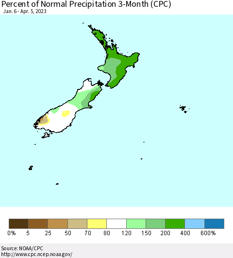 New Zealand Percent of Normal Precipitation 3-Month (CPC) Thematic Map For 1/6/2023 - 4/5/2023