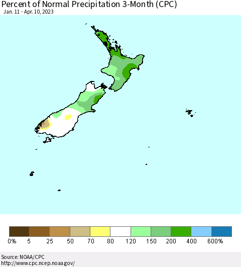 New Zealand Percent of Normal Precipitation 3-Month (CPC) Thematic Map For 1/11/2023 - 4/10/2023