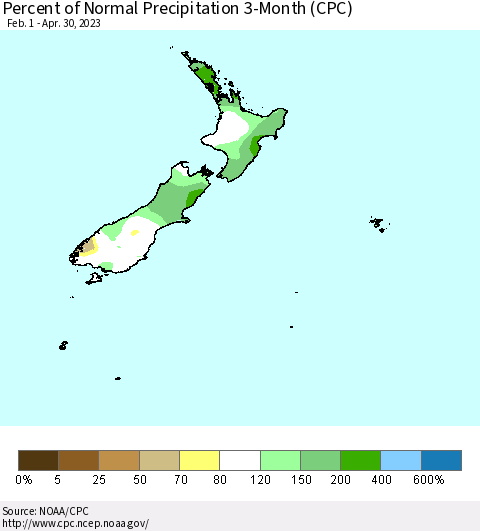 New Zealand Percent of Normal Precipitation 3-Month (CPC) Thematic Map For 2/1/2023 - 4/30/2023