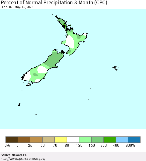 New Zealand Percent of Normal Precipitation 3-Month (CPC) Thematic Map For 2/16/2023 - 5/15/2023