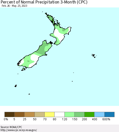 New Zealand Percent of Normal Precipitation 3-Month (CPC) Thematic Map For 2/26/2023 - 5/25/2023