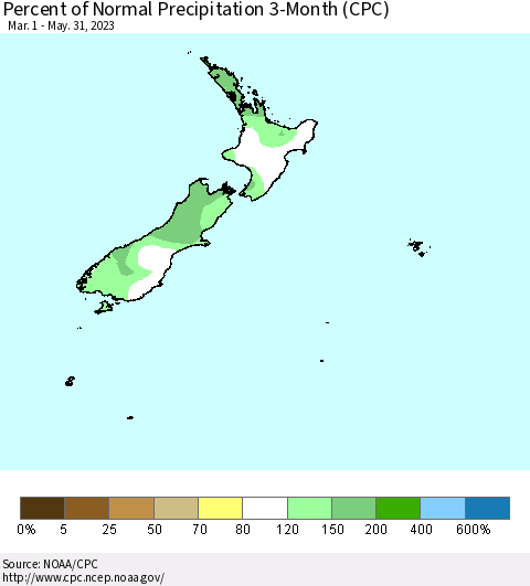 New Zealand Percent of Normal Precipitation 3-Month (CPC) Thematic Map For 3/1/2023 - 5/31/2023