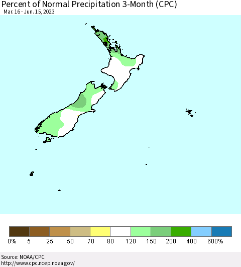 New Zealand Percent of Normal Precipitation 3-Month (CPC) Thematic Map For 3/16/2023 - 6/15/2023