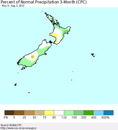 New Zealand Percent of Normal Precipitation 3-Month (CPC) Thematic Map For 5/6/2023 - 8/5/2023