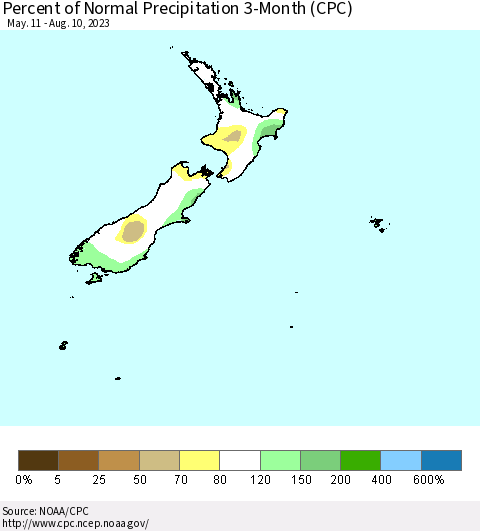 New Zealand Percent of Normal Precipitation 3-Month (CPC) Thematic Map For 5/11/2023 - 8/10/2023
