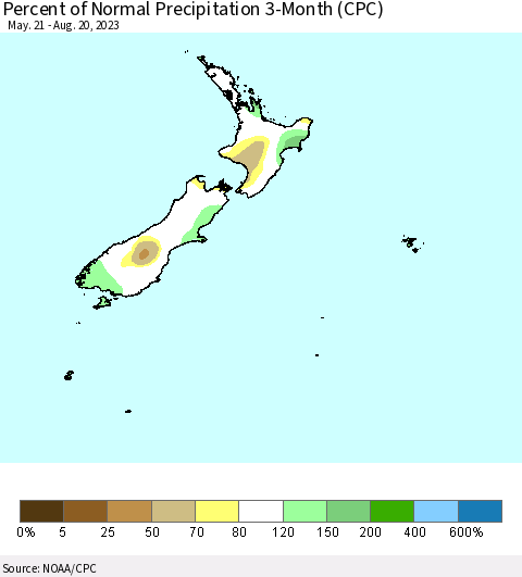New Zealand Percent of Normal Precipitation 3-Month (CPC) Thematic Map For 5/21/2023 - 8/20/2023