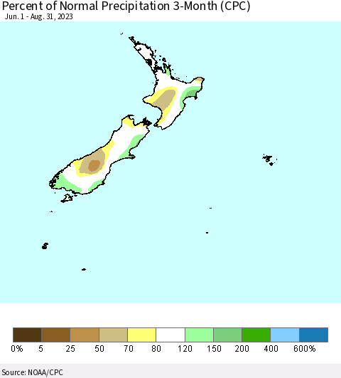 New Zealand Percent of Normal Precipitation 3-Month (CPC) Thematic Map For 6/1/2023 - 8/31/2023